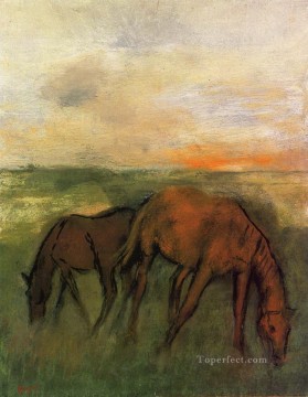 horse cats Painting - two horses in a pasture Edgar Degas